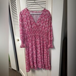 Pink Floral V-Neck Long Sleeve Dress